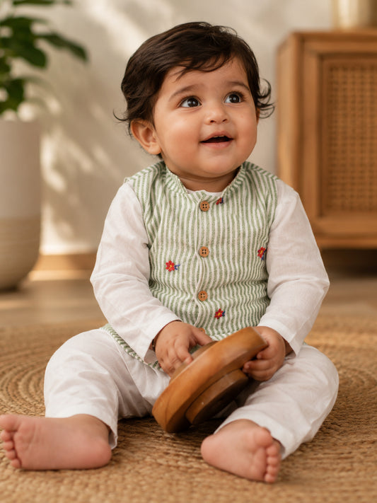 Baby wearing sage green striped embroidered waistcoat kurta pajama set
