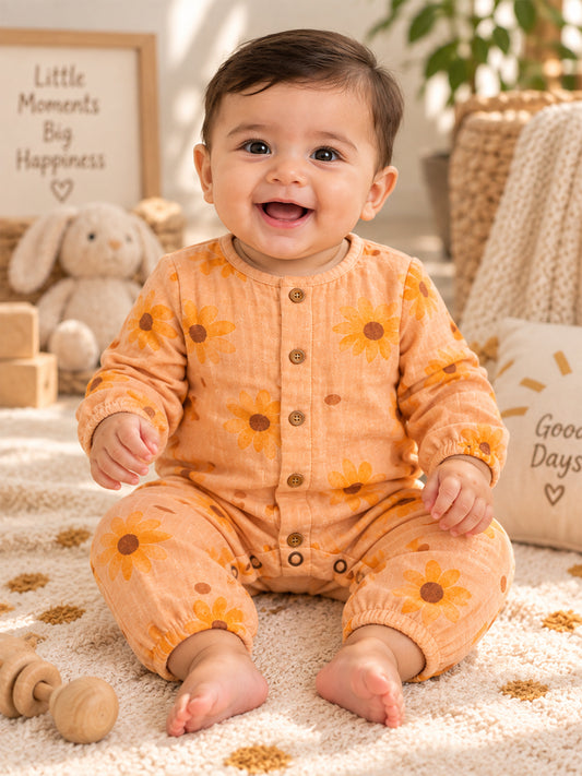 Baby wearing sunflower print full sleeve unisex romper