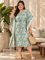 Blue Floral Printed Cotton Kaftan Dress