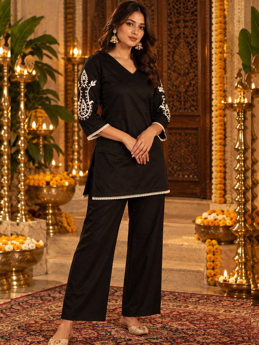 Black Cotton Satin Embroidered Kurta Set with Palazzo