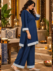 Navy Blue Denim Kurta Palazzo Set with Contrast Lace