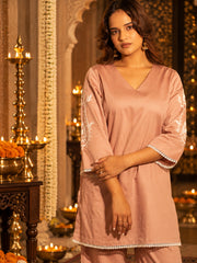 Blush Pink Cotton Satin Embroidered Kurta Set with Palazzo