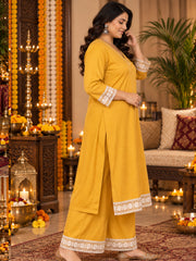Mustard Rayon Festive Kurta Palazzo Set