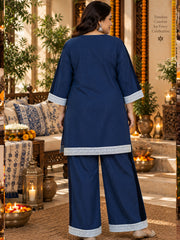 Navy Blue Denim Kurta Palazzo Set with Contrast Lace
