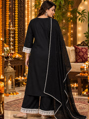 Black Rayon Festive Kurta Palazzo Set with Contrast Lace Dupatta