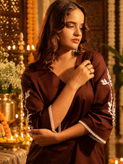 Brown Cotton Satin Embroidered Kurta Set with Palazzo