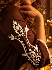 Brown Cotton Satin Embroidered Kurta Set with Palazzo