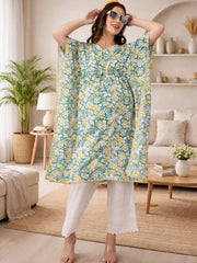 GREEN PRINTED MATERNITY KAFTAN CO-ORD SET WITH SMOKED PAJAMA