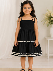 Black Smocked Rayon Printed Tiered Dress with Tie-Up Straps