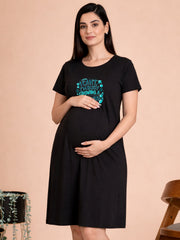 BLACK MATERNITY COTTON KNIT NIGHTDRESS WITH PRINT