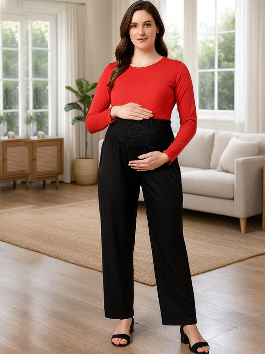Black Maternity Rayon Smocked Waist Pajama