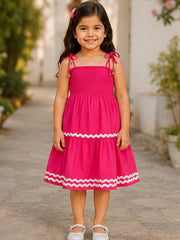 Fushia Smocked Rayon Printed Tiered Dress with Tie-Up Straps