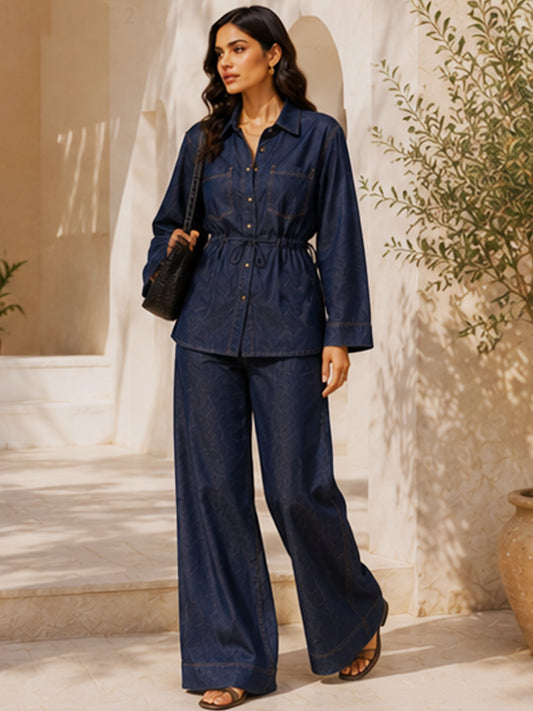 LIYA DARK INDIGO DENIM SHIRT & WIDE LEG PANT CO-ORD SET