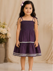 Purple Smocked Rayon Printed Tiered Dress with Tie-Up Straps