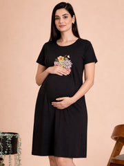 BLACK MATERNITY COTTON KNIT NIGHTDRESS WITH PRINT