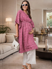 RED ZIG-ZAG PRINTED MATERNITY KAFTAN CO-ORD SET WITH SMOKED PAJAMA