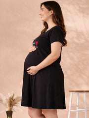 BLACK MATERNITY COTTON KNIT NIGHTDRESS WITH PRINT