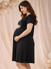 BLACK MATERNITY COTTON KNIT NIGHTDRESS WITH PRINT