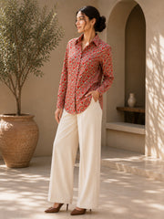 Women's Red Geo Print Cotton Shirt with Adjustable Back Tie-Up