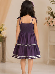 Purple Smocked Rayon Printed Tiered Dress with Tie-Up Straps
