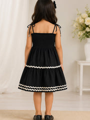 Black Smocked Rayon Printed Tiered Dress with Tie-Up Straps