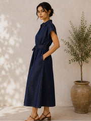 ZORA DARK INDIGO DENIM SHIRT MIDI DRESS WITH BELT