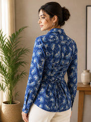 Women's Blue Floral Print Cotton Shirt with Adjustable Back Tie-Up