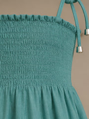 Green Smocked Rayon Printed Tiered Dress with Tie-Up Straps