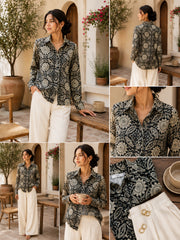 Women's Black Geo Print Cotton Shirt with Adjustable Back Tie-Up
