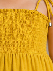 Mustard Smocked Rayon Printed Tiered Dress with Tie-Up Straps