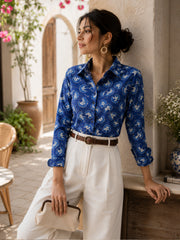 Women's Blue Floral Print Cotton Shirt with Adjustable Back Tie-Up