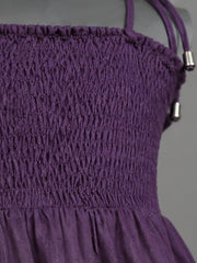 Purple Smocked Rayon Printed Tiered Dress with Tie-Up Straps