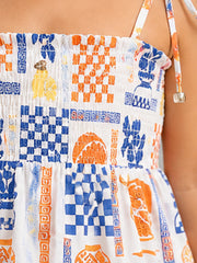 White & Blue Smocked Rayon Printed Tiered Dress with Tie-Up Straps