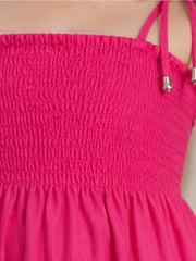 Fushia Smocked Rayon Printed Tiered Dress with Tie-Up Straps