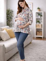 Cream Floral Maternity Shirt for Women