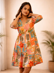 Women's Tropical Print Premium Rayon Tiered Dress