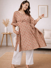 RED GEO PRINTED MATERNITY KAFTAN CO-ORD SET WITH SMOKED PAJAMA