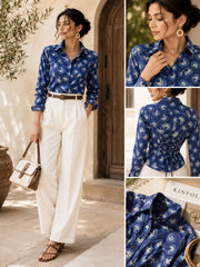 Women's Blue Floral Print Cotton Shirt with Adjustable Back Tie-Up