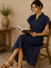 ZORA DARK INDIGO DENIM SHIRT MIDI DRESS WITH BELT