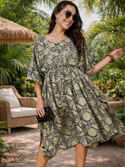 BLACK GEO MATERNITY COTTON KAFTAN WITH FEEDING ZIPPER