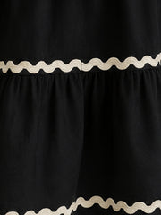 Black Smocked Rayon Printed Tiered Dress with Tie-Up Straps