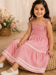 Pink Smocked Rayon Printed Tiered Dress with Tie-Up Straps
