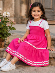 Fushia Smocked Rayon Printed Tiered Dress with Tie-Up Straps