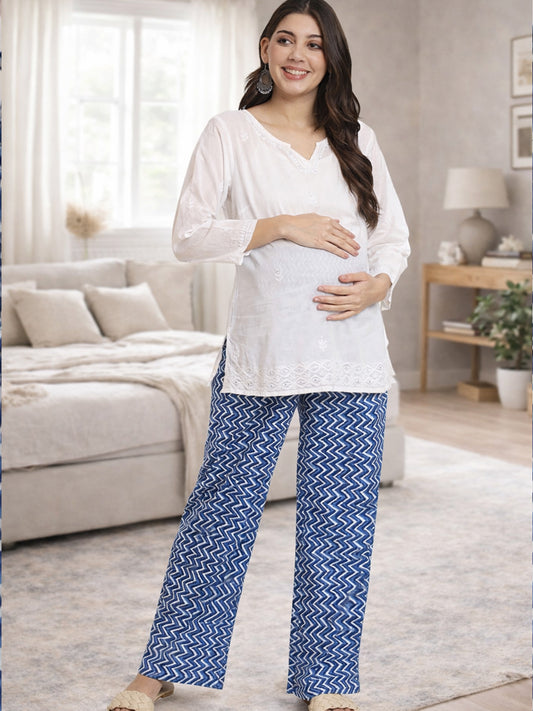 BLUE COTTON ZIG-ZAG WOMEN'S MATERNITY SMOKED BOTTOM