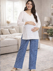 BLUE COTTON ZIG-ZAG WOMEN'S MATERNITY SMOKED BOTTOM