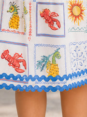 White & Blue Smocked Linen Viscose Printed Tiered Dress with Tie-Up Straps