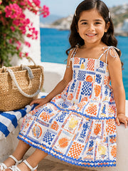 White & Blue Smocked Rayon Printed Tiered Dress with Tie-Up Straps