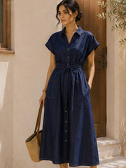 ZORA DARK INDIGO DENIM SHIRT MIDI DRESS WITH BELT