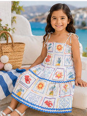 White & Blue Smocked Linen Viscose Printed Tiered Dress with Tie-Up Straps