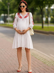 White & Red Floral Embroidered Maternity Dress